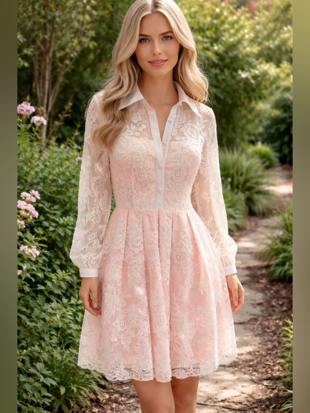 Eliza J Blush and White Floral Long Sleeve Dress